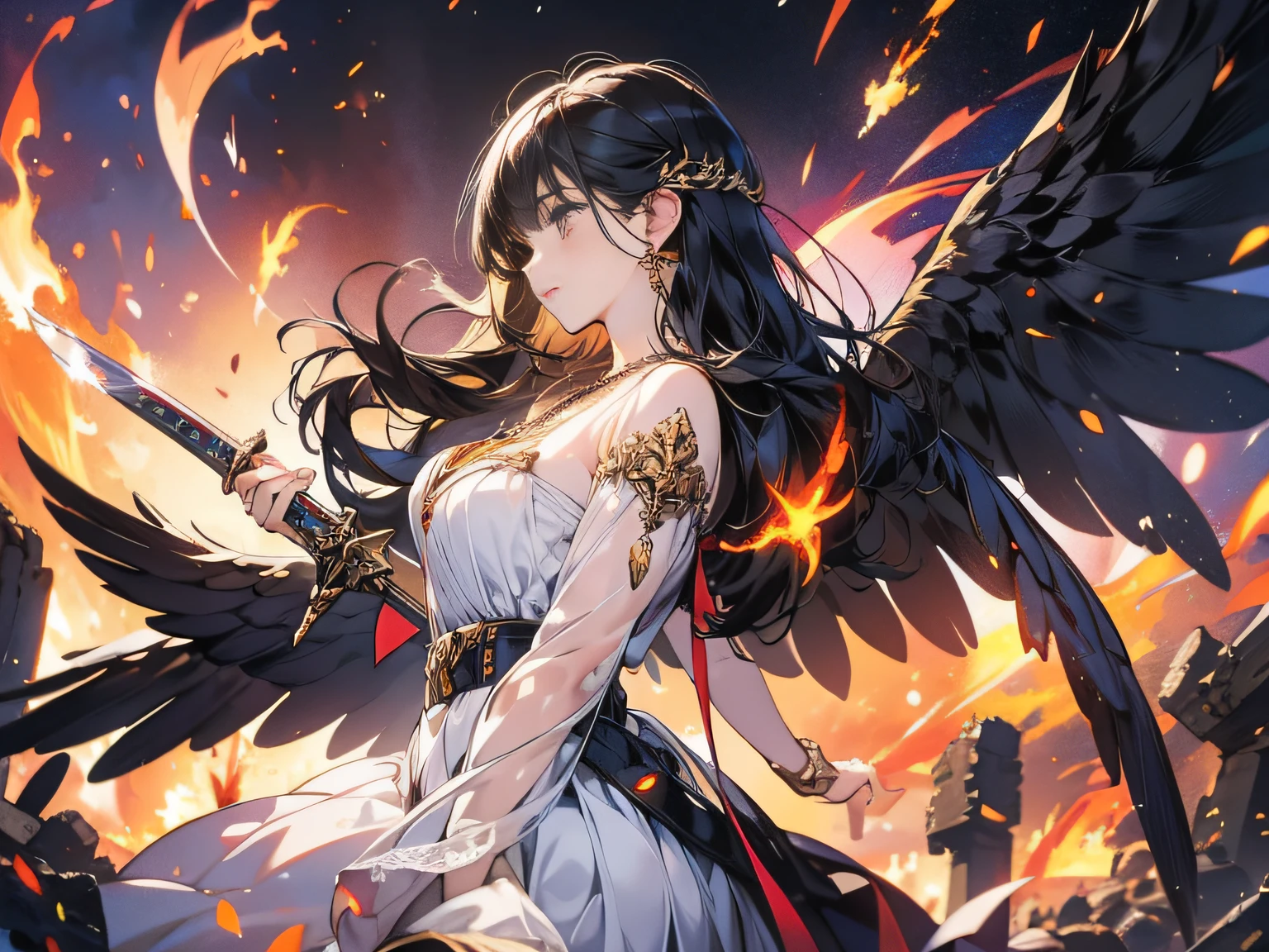 ローアングル, 空飛ぶ熾天使, (彼女の背中には両側に6枚の長い翼が生えています。), 燃え上がる太い剣, 古代遺跡, インパクト, 動き, 炎, 燃えるネックレス, 戦場,