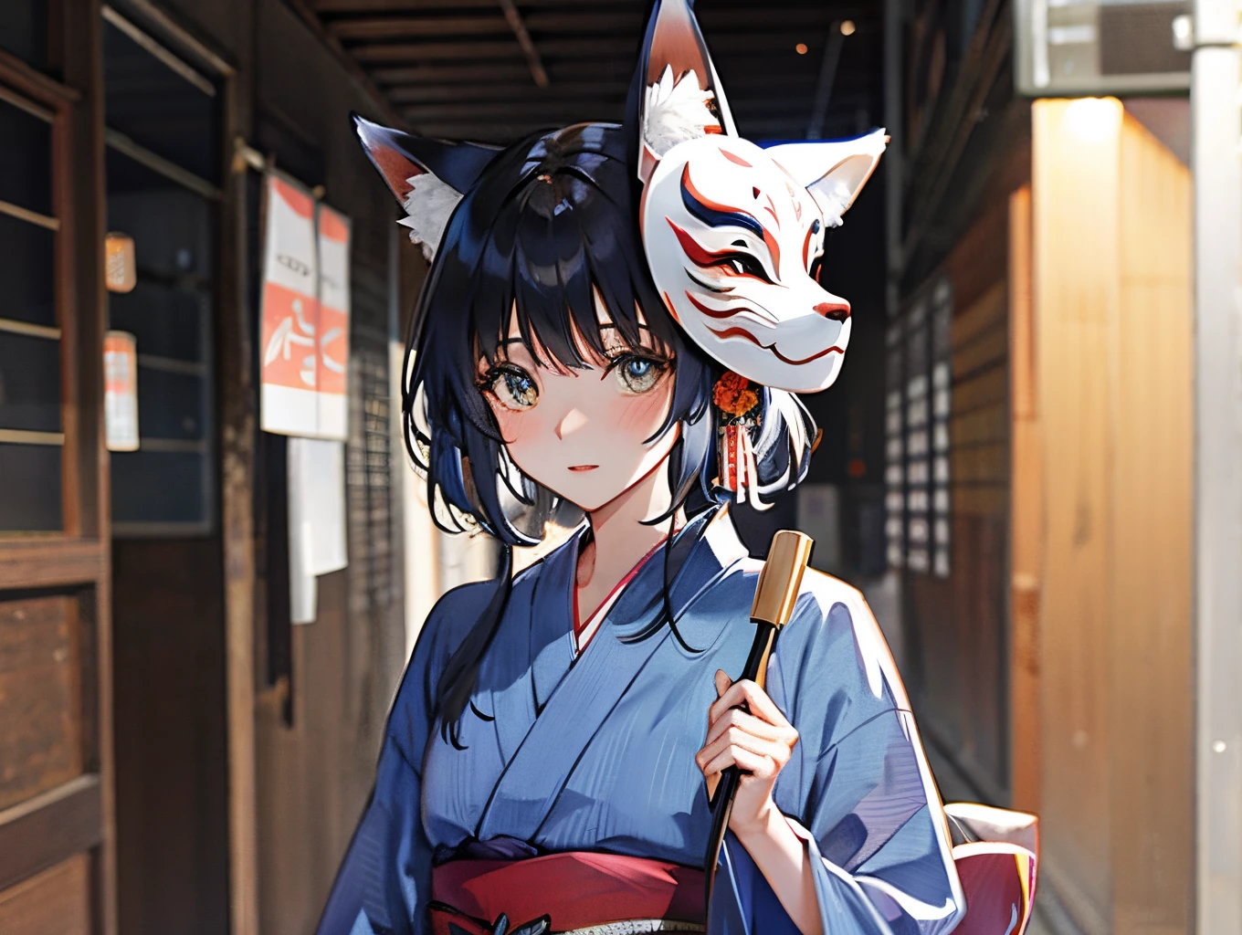 Anime girl in kimono outfit with cat mask on head - SeaArt AI