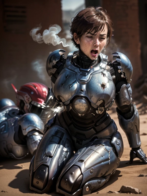 ((Two middle-aged women))Textured skin, Super Detail, high details, High quality, Best Quality, hight resolution, 1080p, , (lying back on)Beautiful,(War Machine),beautiful cyborg woman,Mecha Cyborg Girl,(Full body crimson armor)((heavily damaged armor)),A woman with a feminine mechanical body、Gentle face　A dark-haired,Fulll body Shot)、、Very sweaty face、groggy expression、laying on back、Turn your face at an angle、Opening Mouth((put out the tongue)、Smoke comes from the whole body((Deep cracks in the armor of the whole body))(short-haired　Opening legs　The  is visible