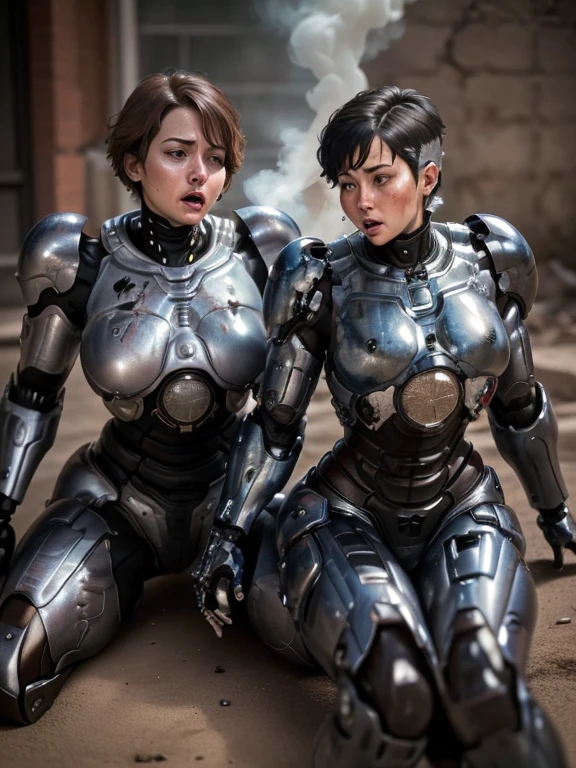 ((Deux femmes d'âge mûr))peau texturée, Super détail, détails élevés, Haute qualité, Meilleure qualité, Haute résolution, 1080P, , (allongé sur)Beau,(machine de guerre),belle femme cyborg,Fille Cyborg Mecha,(Armure cramoisie couvrant tout le corps)((armure gravement endommagée)),Une femme au corps mécanique féminin、visage doux　Un brun,Plan de corps entier)、、Visage très moite、expression somnolente、allongé sur le dos、Tournez votre visage à un angle、Ouverture de la bouche((sortir la langue)、De la fumée s'échappe de tout le corps((De profondes fissures dans l'armure de tout le corps))(aux cheveux courts　Ouverture des jambes　Le est visible