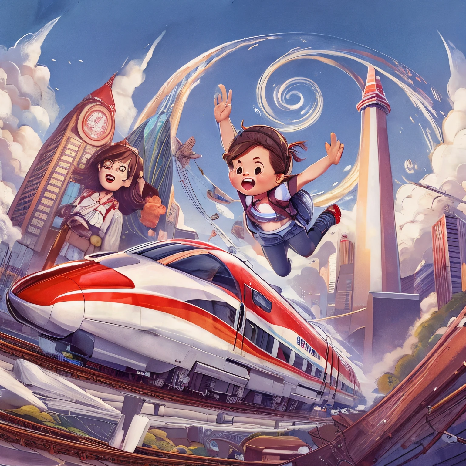 red white bullet train, monas, young girl flying happily, fast speed, cloud make spiral ln the sly