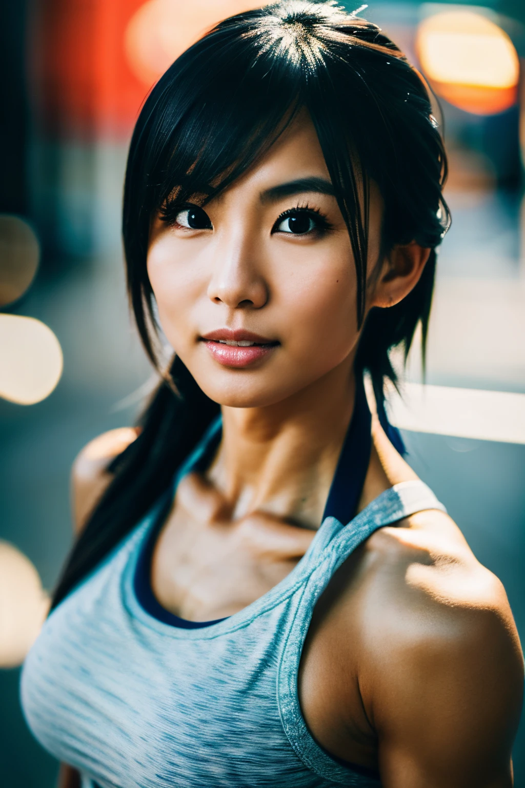 1girl, asian, MILF, fitness model, sexy muscles, professional photography, highly detailed, detailed background, background blur, focus, perfect eyes, seductive eyes, sexy pose, tempting, horny (casual:1.2), cinematic lighting, face, focus on face, close up,