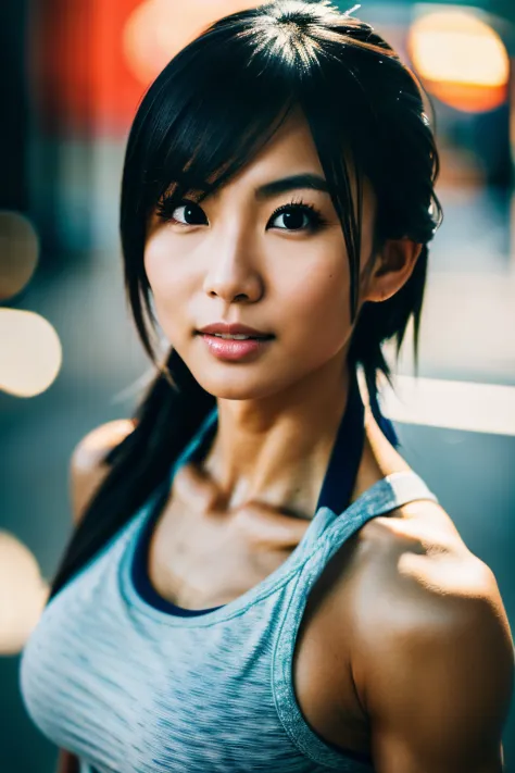 1girl, asian, MILF, fitness model, sexy muscles, professional photography, highly detailed, detailed background, background blur...