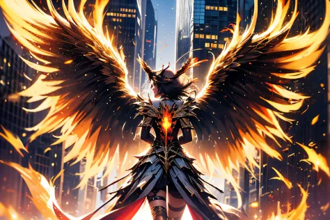 (super low angle), flying seraph, (Six long and wide wings on each side grow on her back), thick sword on fire, ruins in the cit...