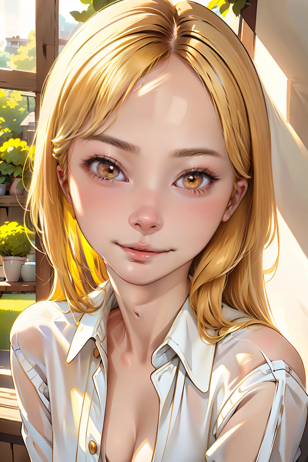 1girl  ,cleavage, looking at viewer, detailed, high quality, joy, happy, detailed eyes, wearing white button shirt, elegant, detailed background, realistic background, daylight, warm lighting, thin lineart, blonde hair, colorful, asymmetrical hair, realistic, (full body:0.7), yellow eyes, realistic,