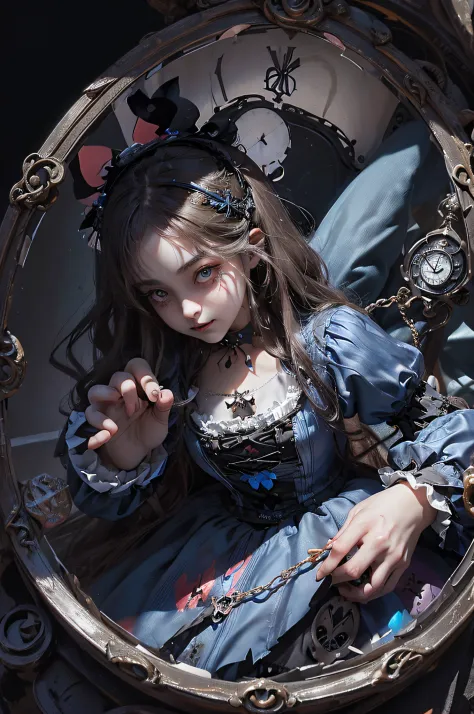 (((Alice in Wonderland in Gothic Lolita Fashion))), ((myth)), Chasing a rabbit wearing a silk hat and holding a pocket watch.Bey...