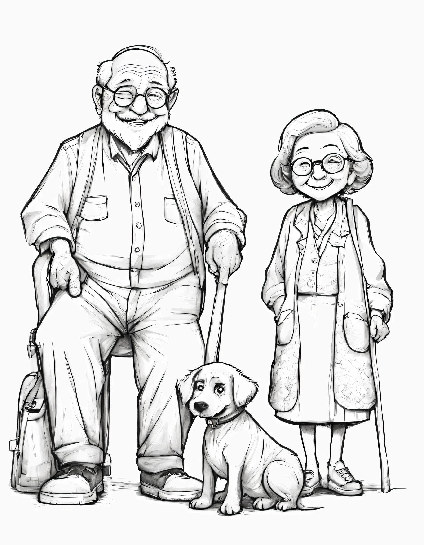 An old man and woman with a dog and a cane - SeaArt AI