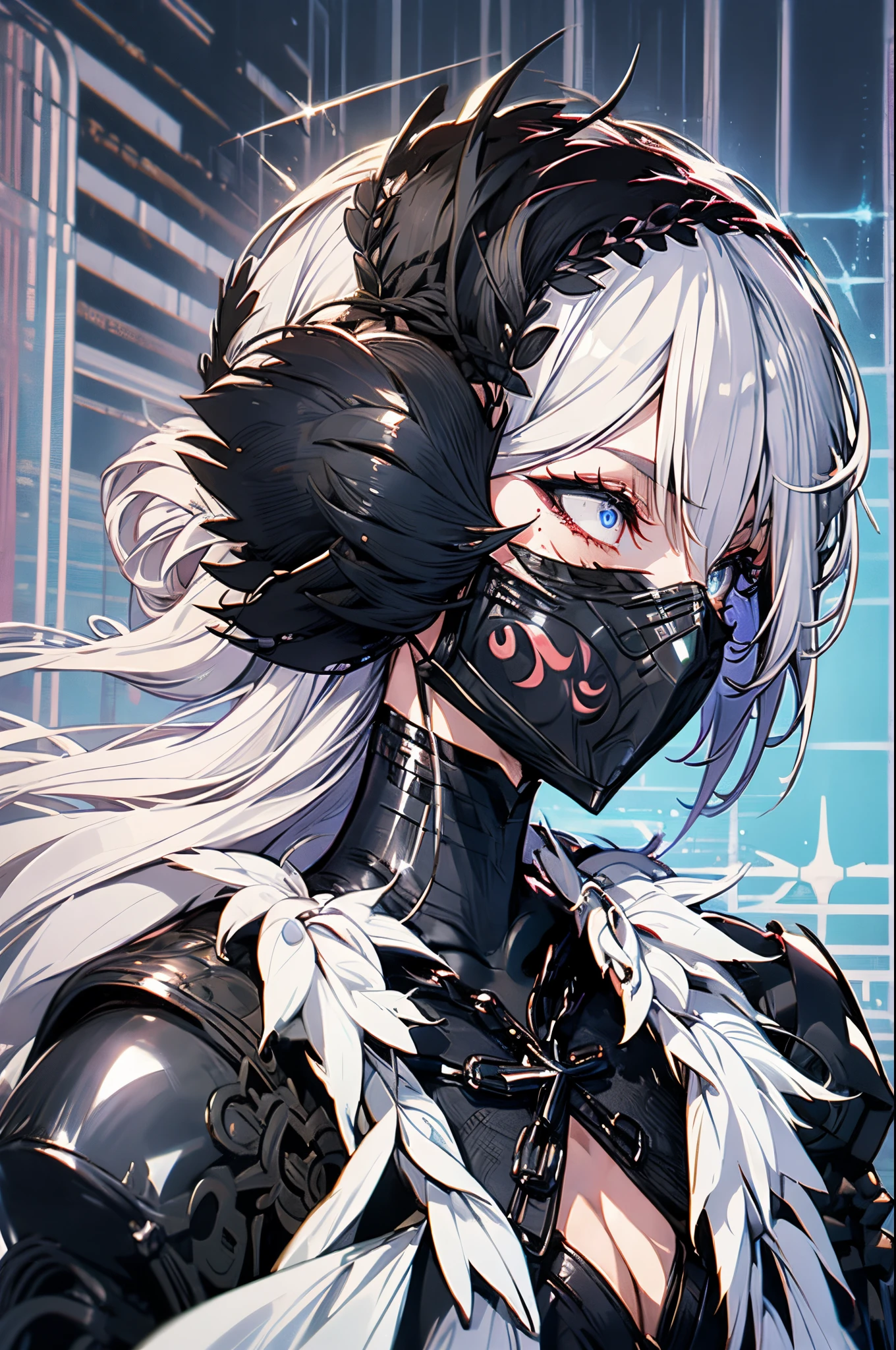 Anime girl with white hair and black mask in a city - SeaArt AI