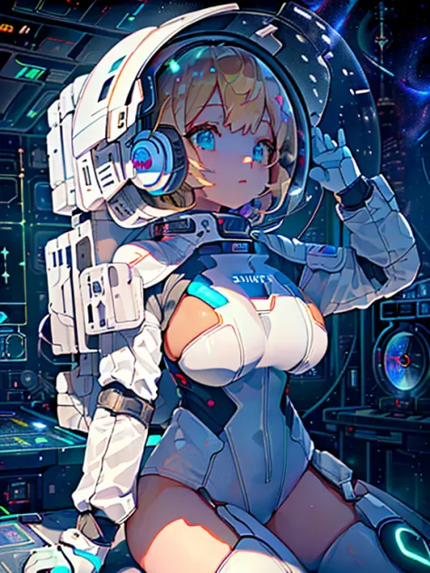 ​masterpiece:1.4, 1girl in ((20yr old,Spacesuit helmet、 Wearing a futuristic white and silver costume, Tight Fit Bodysuit, long ...