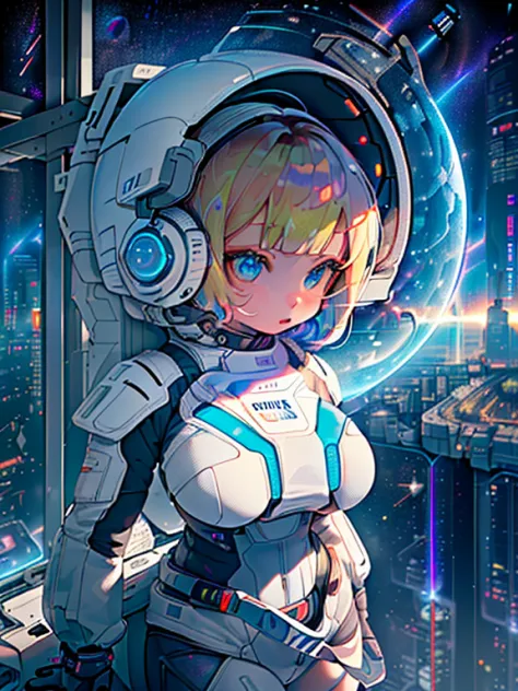 ​masterpiece:1.4, 1girl in ((20yr old,spacesuit helmet、 wearing a futuristic white and silver costume, tight fit bodysuit, long ...