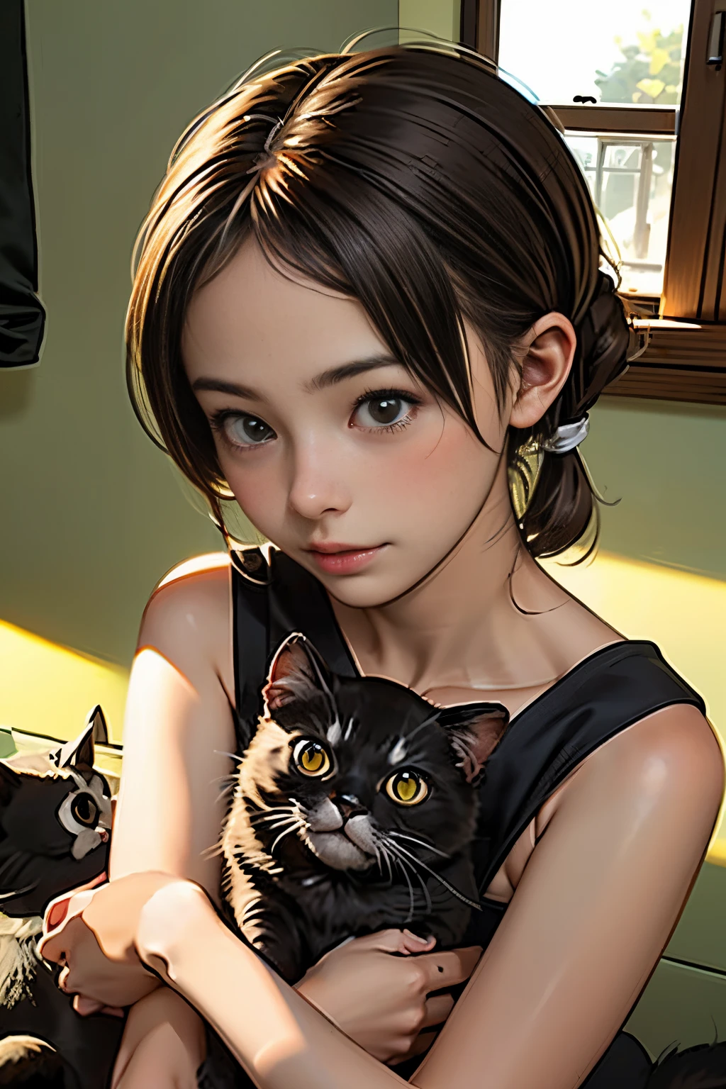 最高品質、黒猫を抱く女の子、かわいい女の子、茶色の髪を結んだお団子の髪、黒猫、ナチュラルな見た目、ロングショット、自然光