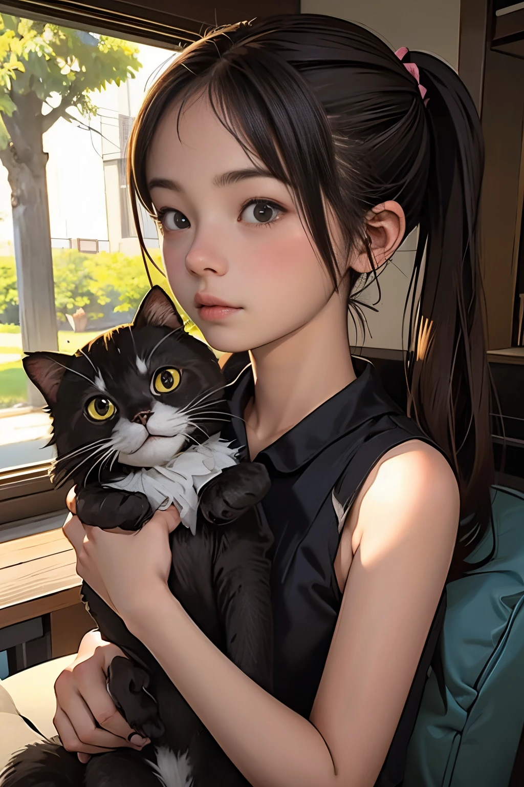 top-quality、Girl holding a black cat、Cute 14 year old girl、Bun hair with brown hair tied、Black cat、Natural look、longshot、Natural light