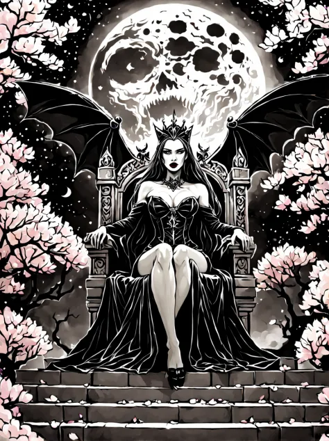 black and white lineart, LineAniAF, (low angle shot:1.3), (front view:1.3), grand staircase ascending towards the heavens, at the top a beautiful vampire queen ((sits upon a menacing legendary throne)) (((looking at the viewer))), surrounded by cherry blos...