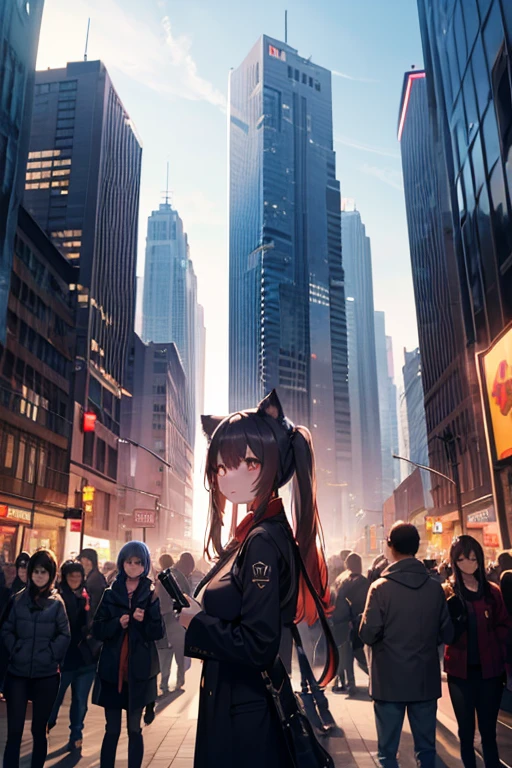 One wears JK，Girl with cat ears holds a Glock pistol with a silencer，Surrounded by high-rise buildings and huge crowds of people。