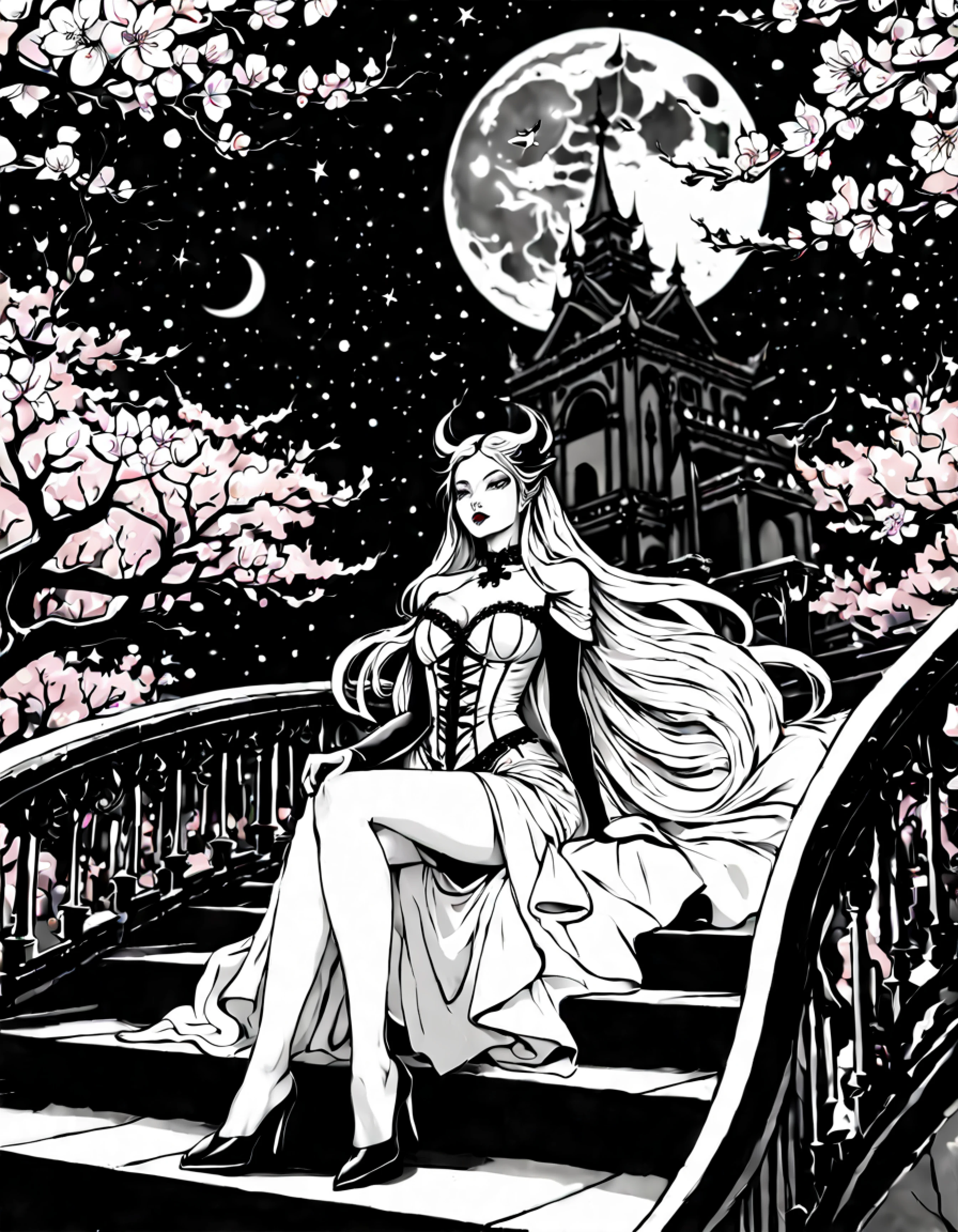 black and white lineart, LineAniAF, (low angle shot:1.3), (front view:1.3), grand staircase ascending towards the heavens, at the top a beautiful vampire queen sits upon a menacing legendary throne, surrounded by cherry blossoms floating in the air, starry ethereal night sky as a backdrop, the thick outlines emphasize her vampiric aura of power and dominance, a huge moon adds to her otherworldly presence