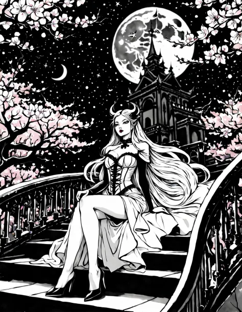 black and white lineart, LineAniAF, (low angle shot:1.3), (front view:1.3), grand staircase ascending towards the heavens, at the top a beautiful vampire queen sits upon a menacing legendary throne, surrounded by cherry blossoms floating in the air, starry...