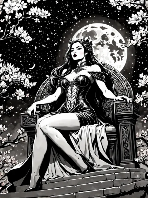 black and white lineart, LineAniAF, (low angle shot:1.3), (front view:1.3), grand staircase ascending towards the heavens, at the top a beautiful vampire queen ((sits upon a menacing legendary throne)), surrounded by cherry blossoms floating in the air, st...