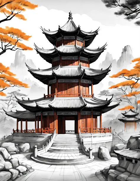 Architectural concept design, line art，Freehand Chinese Dougong Pavilion，High-quality illustrations，pencil drawing，pen painting，