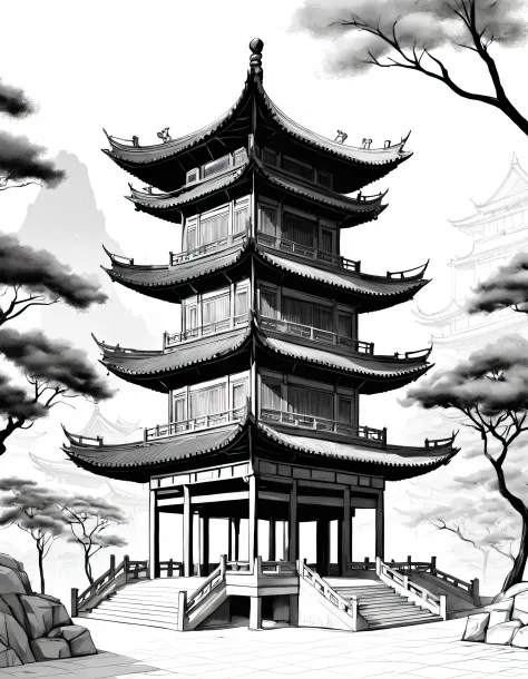 Architectural concept design, line art，Chinese Dou Gong Pavilion，High quality illustrationtiz，pencil drawing，pen painting，