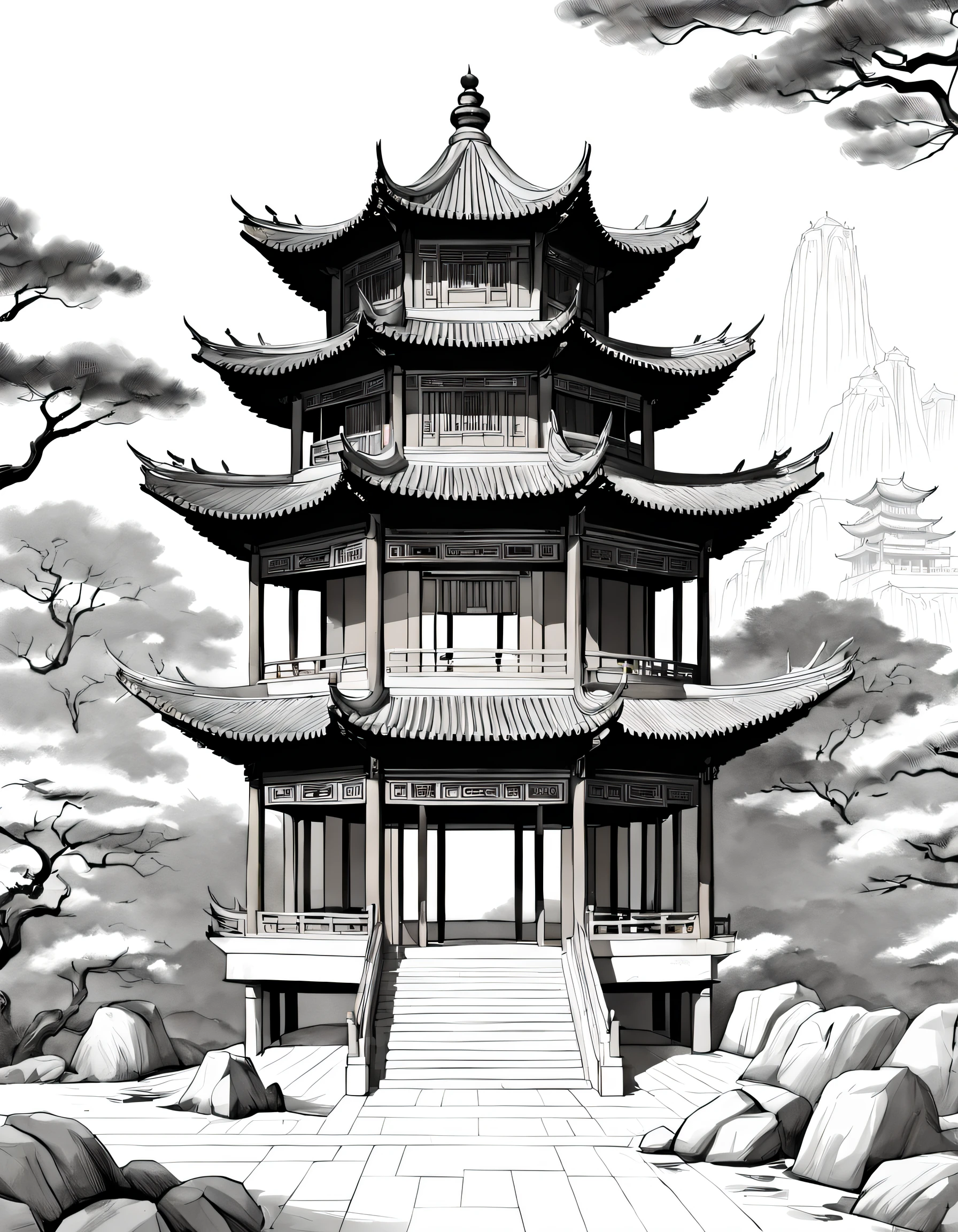 Architectural concept design, line art，Chinese Dou Gong Pavilion，High-quality illustrations，Fine details，Meticulous，pencil drawing，pen painting，