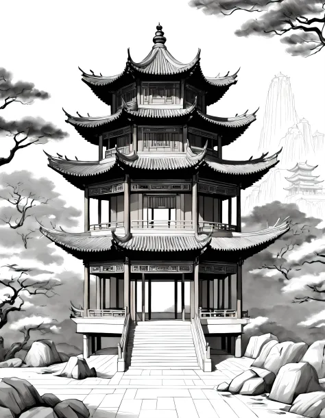 Architectural concept design, line art，Chinese Dou Gong Pavilion，High-quality illustrations，Fine details，Meticulous，pencil drawi...