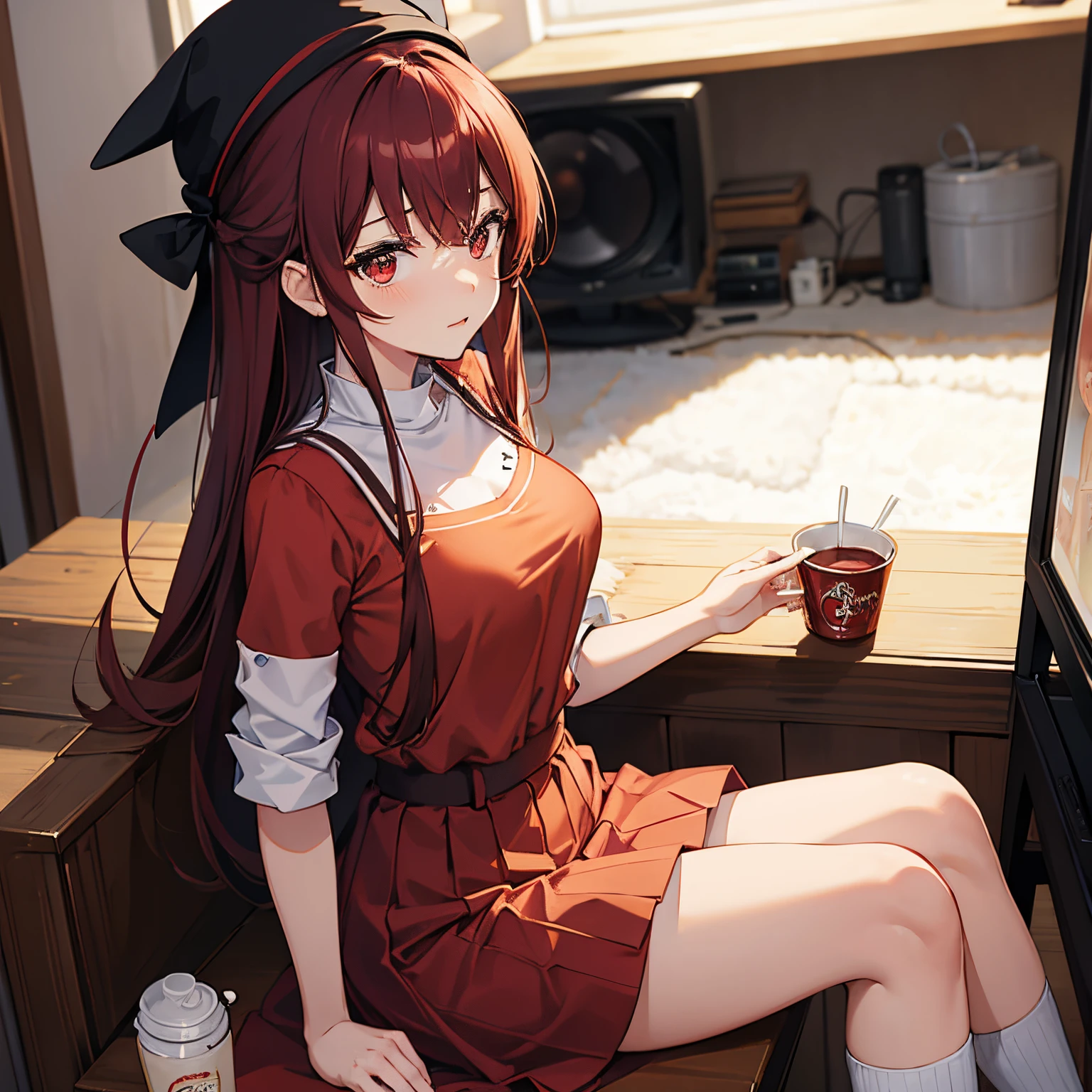 Anime girl sitting on a bench with a cup of coffee - SeaArt AI