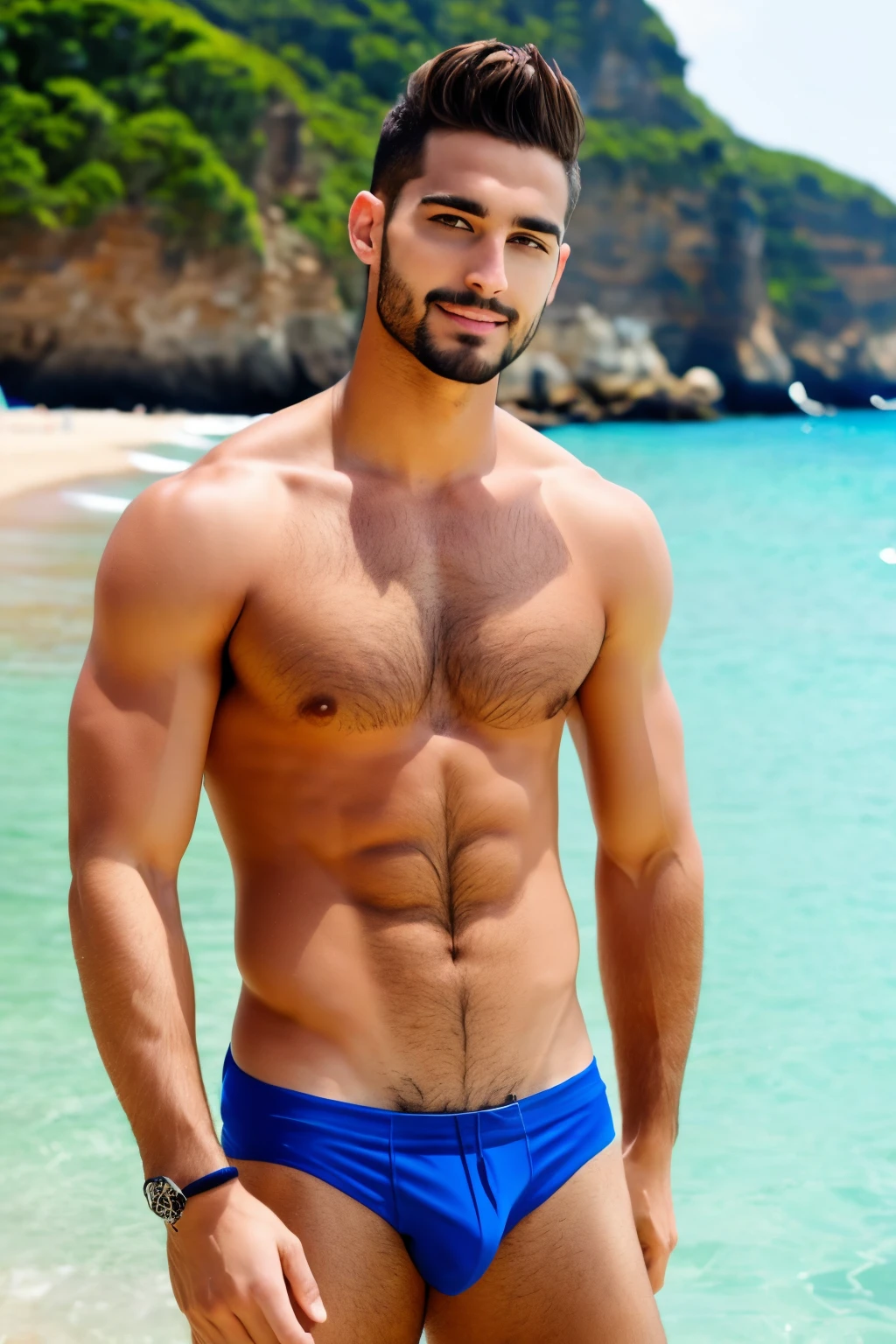 A man in a blue swimsuit standing on a beach - SeaArt AI