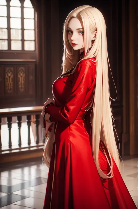 woman with straight long hair and red lipstick, ekaterina,  professional photograpy, 16 year woman,a blond、medieval red color dr...