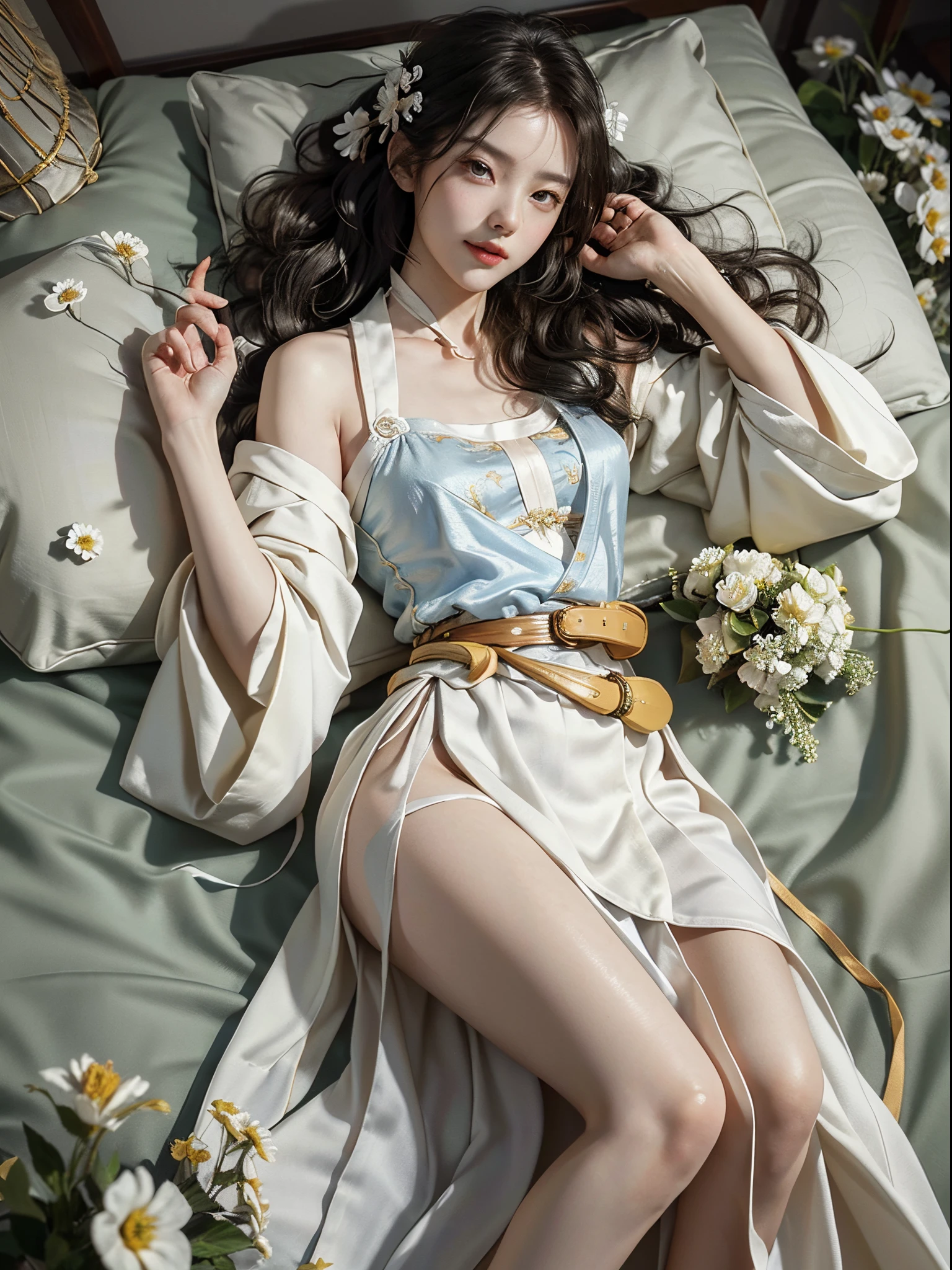 ((knee shot)), Satellite view, Bird's eye view, RAW photogr，18 year old sexy model, Cute young girl, messy  hair，Smiled shyly, curlies, golden hair, (Hanfu), ((White flower hanfu, draped in silk, DEEP-V COLLAR, high-waist, nice belt)), (white colors, Light yellow), Lie down, Lie flat on the bed, Lift the skirt, slender leg, posing elegantly, posed for photo, Surprising detail，The is very detailed, Smooth skin, a warm color palette, best qualtiy, The is very detailed, the detail, (current:1.7),((Best quality at best)),absurd res,(Ultra-high resolution),(realisticlying:1.6),realisticlying,octaneratingrendering,(Hyper-realistic:1.2), (photorealiscic face:1.2), (8k), (4K), (tmasterpiece),(realistic skin textures)
