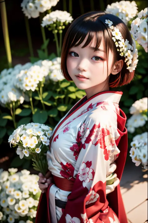 the background is a world of white flowers、best quality, masutepiece, high resolution, (((1girl in))), sixteen years old,red eye...