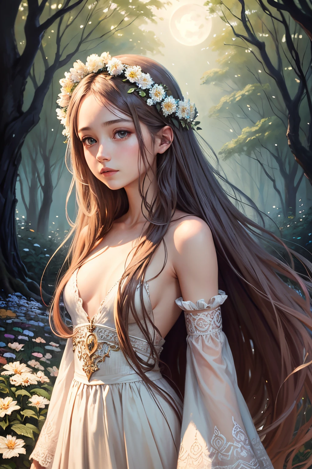 A girl with long hair and a flower crown standing in a forest - SeaArt AI