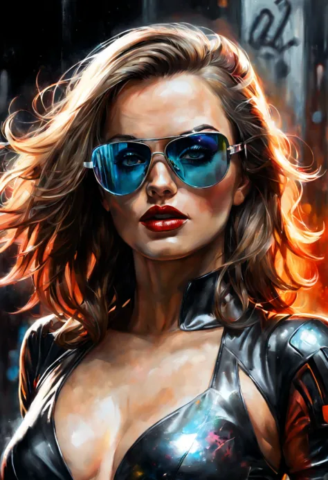 artwork with futuristic femme fatale in smooth reflective glass glasses centered, approaching perfection, dynamic, detailed, art...