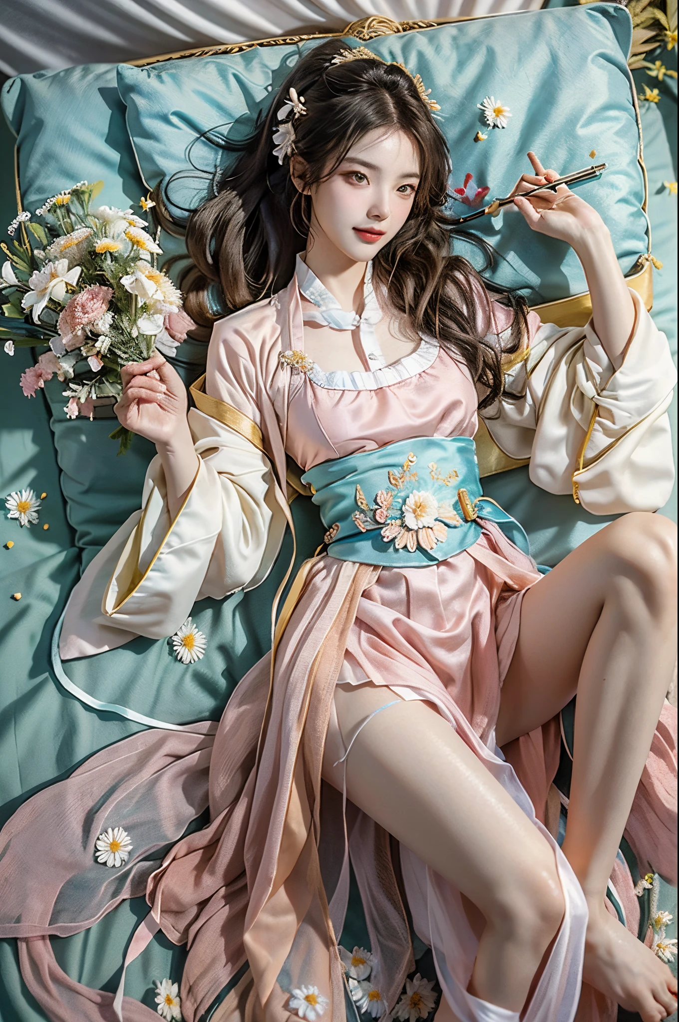 ((tout le corps)), Photo RAW，1 modèle sexy, jolie jeune fille, les cheveux en désordre，sourit timidement, boucles, Cheveux dorés, (hanfu), (couleurs blanches, En rose, jaune, couleurs cyan), ((Hanfu à fleurs blanches, drapé de soie, COLLIER EN V PROFOND, taille haute, Jolie ceinture)), (couleurs blanches, jaune clair), au dessus du lit, posé pour la photo, Bon, complet, soulever la jupe, jambe fine, Poser avec élégance, posé pour la photo, Détail surprenant，Le est très détaillé, Peau douce, une palette de couleurs chaudes, meilleure qualité, Le est très détaillé, le détail, (réel:1.7),((La meilleure qualité au mieux)),résolution absurde,(ultra haute résolution),(de manière réaliste:1.6),de manière réaliste,rendu par octanération,(hyper réaliste:1.2), (visage photoréaliste:1.2), (8k), (4k), (chef-d&#39;œuvre),(textures de peau réalistes)