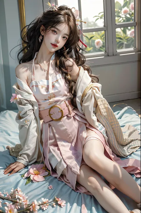 ((full body)), RAW photogr，18 year old sexy model, Cute young girl, messy  hair，Smiled shyly, curlies, golden hair, (Hanfu), (wh...