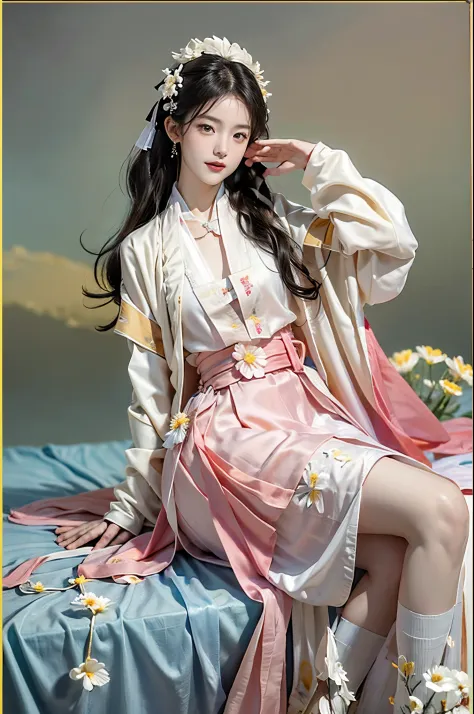 ((full body)), RAW photogr，18 year old sexy model, Cute young girl, messy  hair，Smiled shyly, curlies, golden hair, (Hanfu), (wh...