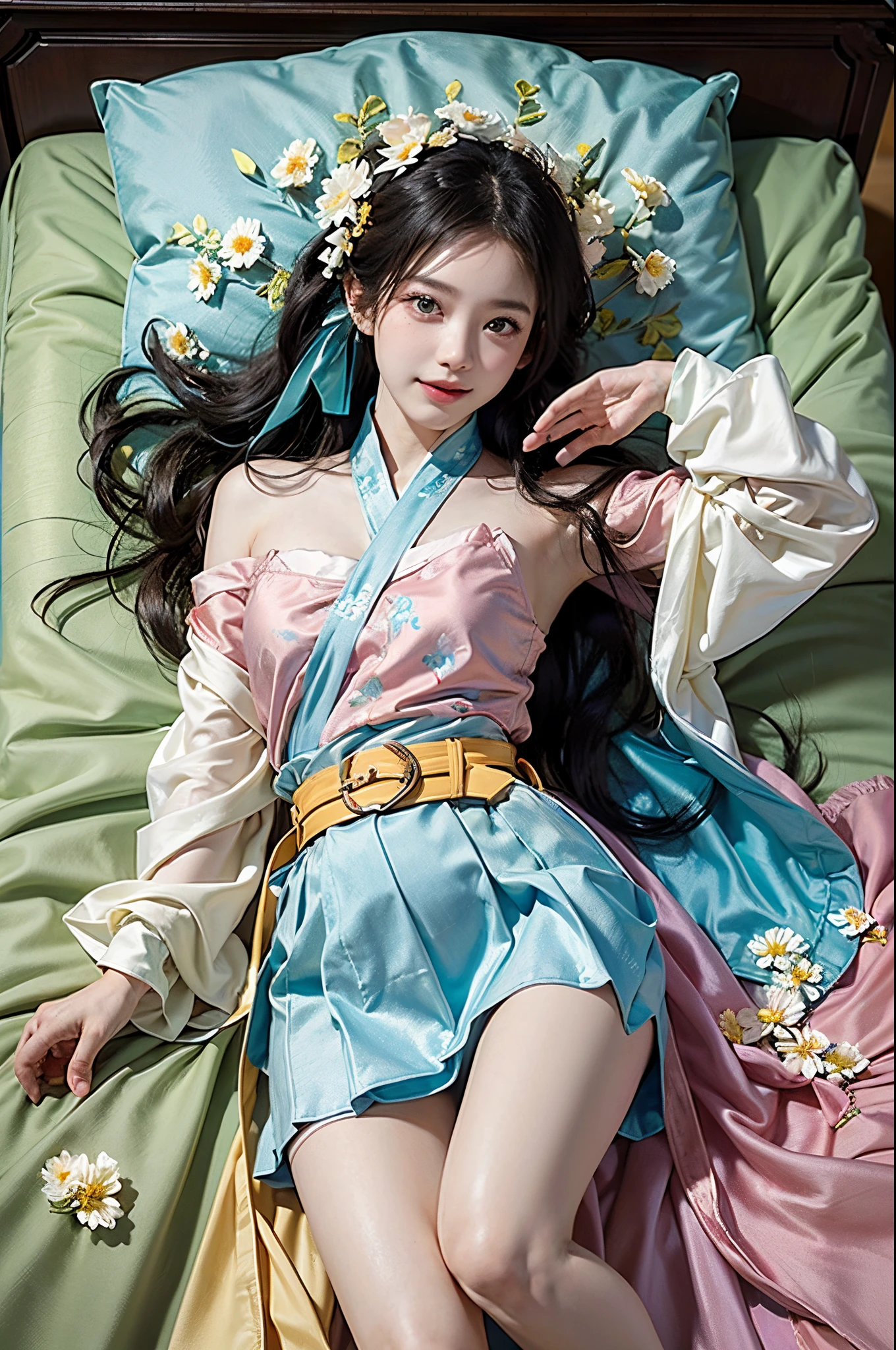 ((tout le corps)), Photo RAW，1 modèle sexy, jolie jeune fille, les cheveux en désordre，sourit timidement, boucles, Cheveux dorés, (hanfu), (couleurs blanches, En rose, jaune, couleurs cyan), ((Hanfu à fleurs blanches, drapé de soie, épaules coupées, taille haute, Jolie ceinture)), (couleurs blanches, jaune clair), au dessus du lit, posé pour la photo, Bon, complet, soulever la jupe, jambe fine, Poser avec élégance, posé pour la photo, Détail surprenant，Le est très détaillé, Peau douce, une palette de couleurs chaudes, meilleure qualité, Le est très détaillé, le détail, (réel:1.7),((La meilleure qualité au mieux)),résolution absurde,(ultra haute résolution),(de manière réaliste:1.6),de manière réaliste,rendu par octanération,(hyper réaliste:1.2), (visage photoréaliste:1.2), (8k), (4k), (chef-d&#39;œuvre),(textures de peau réalistes)