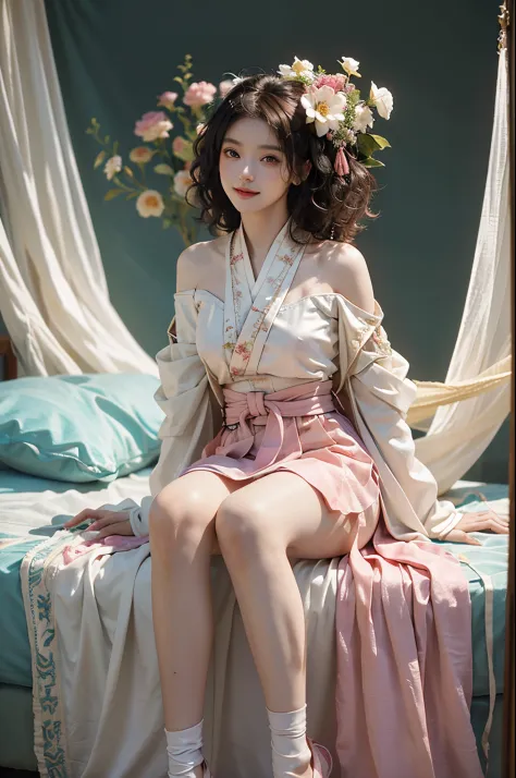 ((full body)), raw photogr，18 year old sexy model, cute young girl, messy  hair，smiled shyly, curlies, golden hair, (hanfu), (wh...