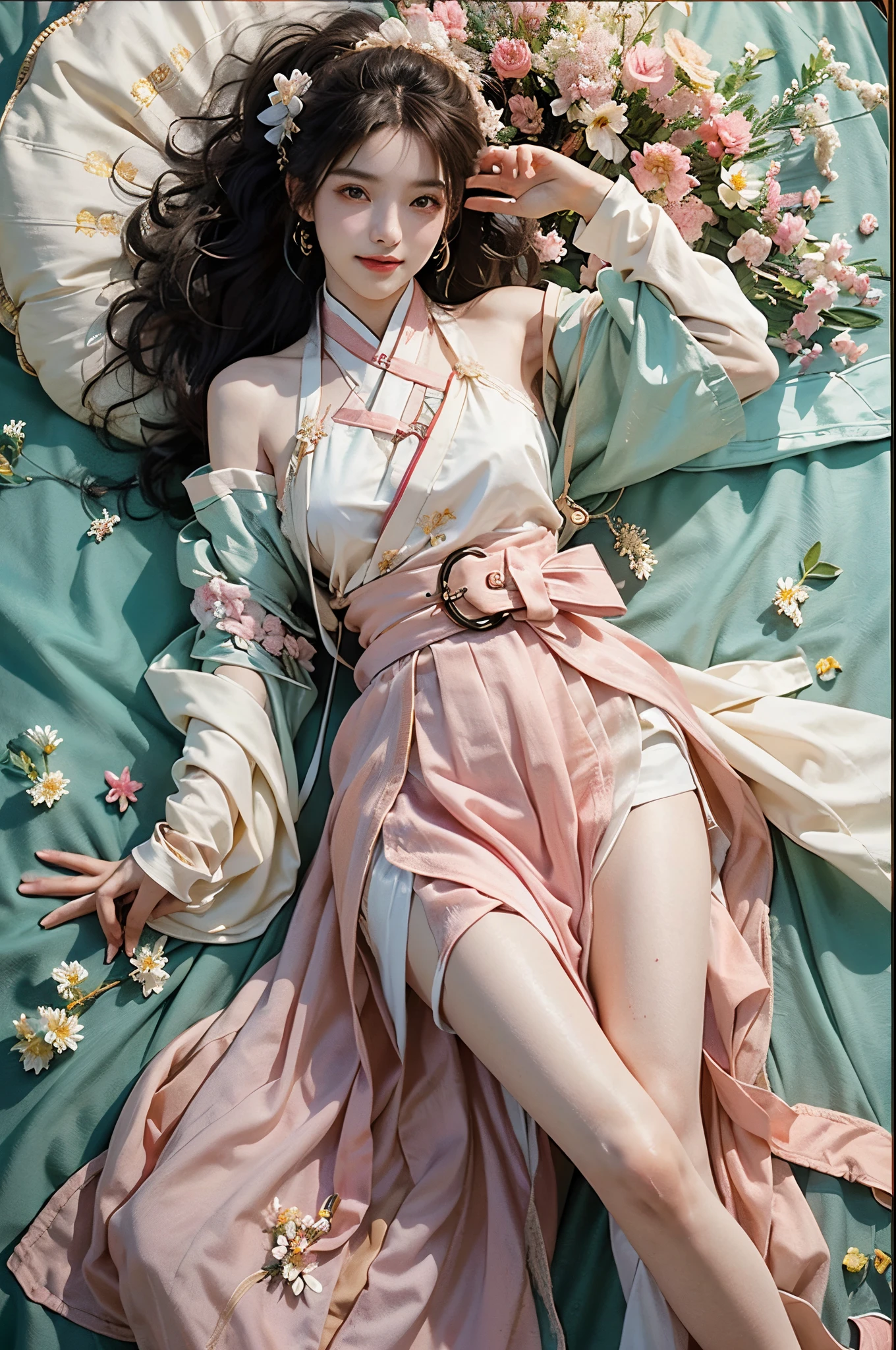 ((tout le corps)), Photo RAW，1 modèle sexy, jolie jeune fille, les cheveux en désordre，sourit timidement, boucles, Cheveux dorés, (hanfu), (couleurs blanches, En rose, jaune, couleurs cyan), ((Hanfu à fleurs blanches, drapé de soie, épaules coupées, taille haute, Jolie ceinture)), (couleurs blanches, jaune clair), au dessus du lit, posé pour la photo, Bon, complet, soulever la jupe, jambe fine, Poser avec élégance, posé pour la photo, Détail surprenant，Le est très détaillé, Peau douce, une palette de couleurs chaudes, meilleure qualité, Le est très détaillé, le détail, (réel:1.7),((La meilleure qualité au mieux)),résolution absurde,(ultra haute résolution),(de manière réaliste:1.6),de manière réaliste,rendu par octanération,(hyper réaliste:1.2), (visage photoréaliste:1.2), (8k), (4k), (chef-d&#39;œuvre),(textures de peau réalistes)