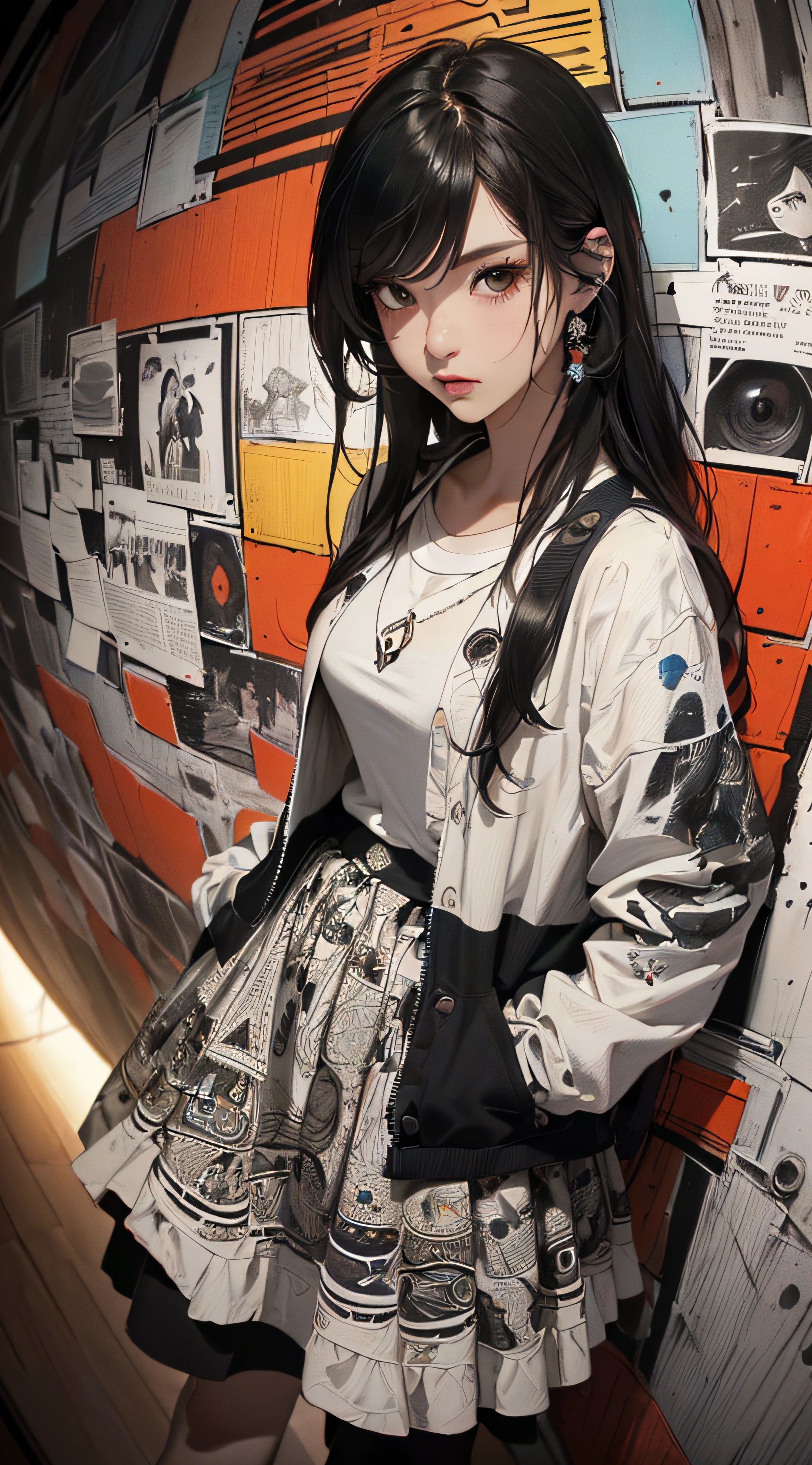 (((8k wallpaper of extremely detailed CG unit:1.2, ​masterpiece, hight resolution:1.2, top-quality:1.2, masutepiece))), ((a very beautiful woman, Hands in pockets:1.8, Grunge Fashion:1.2, Wearing a blouson:1.2, Wearing a long skirt, Wearing shoes)), ((extra detailed face, Highly detailed black eyes, extra detailed body, Top quality real texture skins)), (A dark-haired, length hair, de pele branca, Small:1.2), ((Colorful geometric patterns are painted all over the wall.., Colorful wall)), (high-angle:1.2, Fisheye:1.3), hyper realisitic, digitial painting,