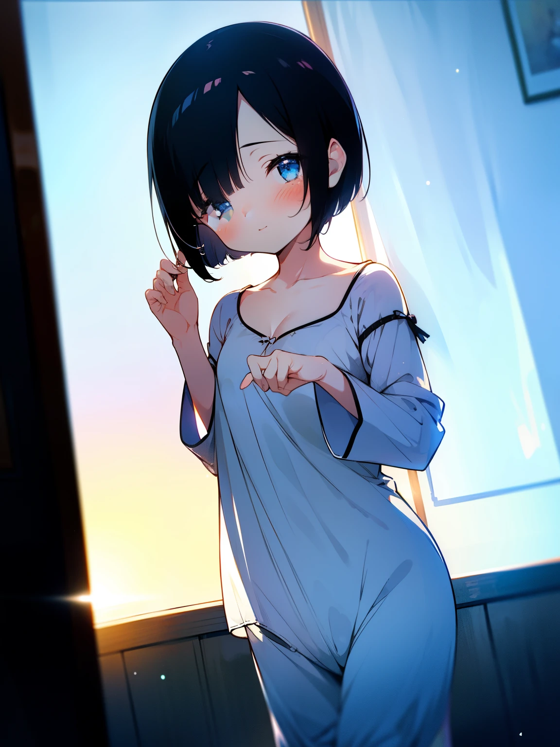 1 girl, no smile, sparkling navy blue eyes, (black hair) ((black shoulder-short hair)), ((long black bangs cover one eye)), small stature, small breasts, , ((cute white pajamas)), bedroom scenery, (cinematic lighting), backlighting, (shaded), detailed background, clear image, ((perfect hand))