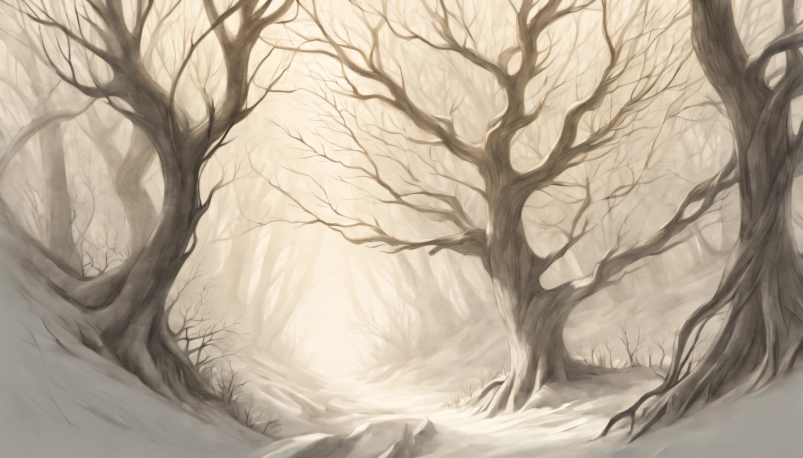 (best quality,4k,8k,highres,masterpiece:1.2),(ultra - detailed)，(realisticlying：1.37).illustratio，(pencil drawing)，at winter season，black andwhite,(ln the forest)，(line art)，organic lines，(crooked branches)，hidden path，(Twisted vines)，(Intertwined tree trunks)，Ethereal atmosphere，game of light and shadow，Subtle gradients、Gradient shadows、Mottled sunlight、tree crown、forest floor、(bark texture)、branch details、(Fine lines)、(stroke technique)、(Sketch-like texture)。Abstract, (Simple vector art), (Hierarchical form).