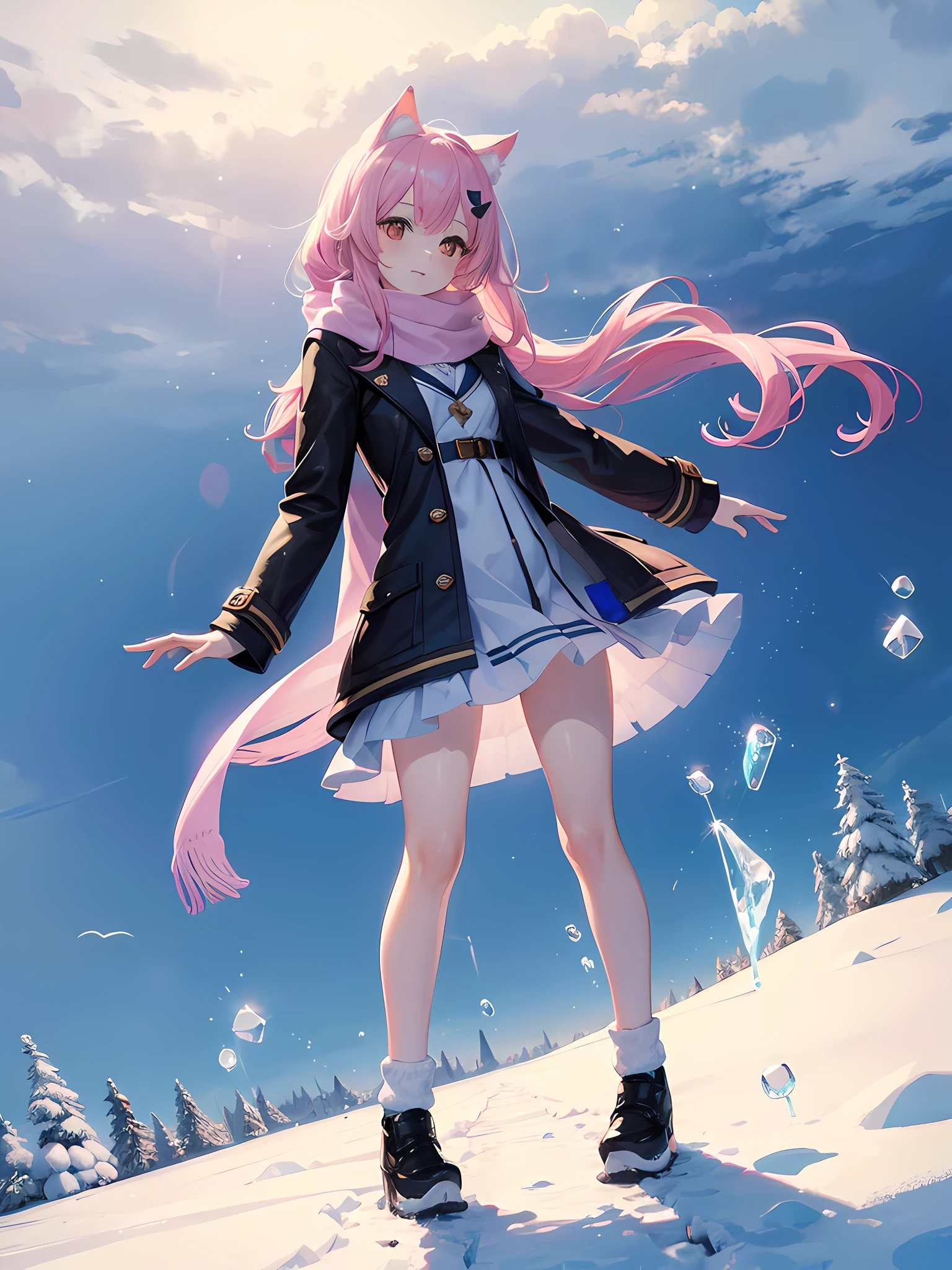 hot girl, cute, adorable, full body, sunny, blue sky, magic, ice, effects, snow, coat, socks, scarf, field, magic dress, cat ears, petite, small breasts, pink white long hair, beautiful, masterpiece, solo