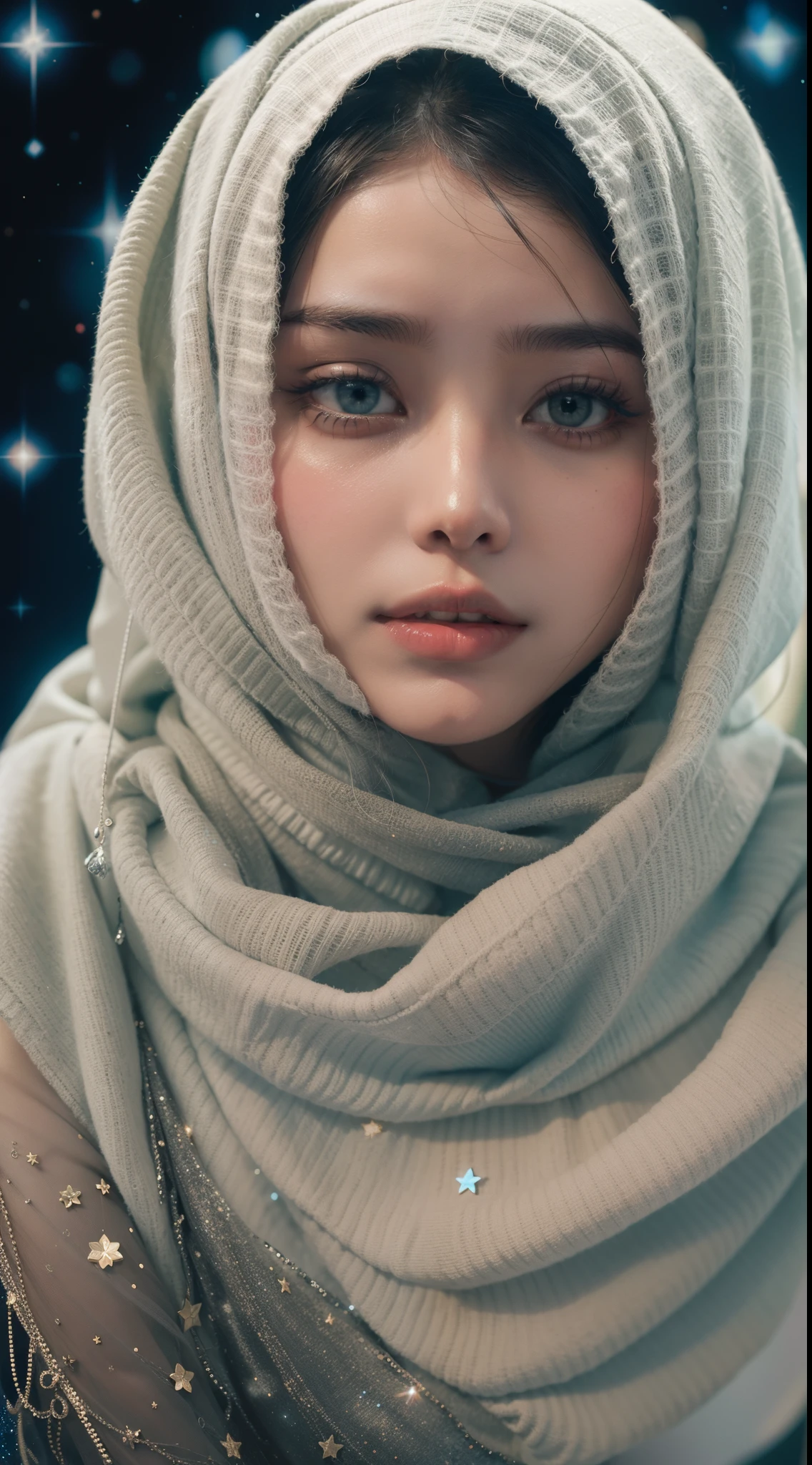 Craft a celestial-themed portrait of Bella Poarch. Illuminate the hijab with stars and galaxies, blending the earthly with the cosmic in a mesmerizing and ethereal composition, 8mm, Close-up shot, cool-toned color grading, depth of field, film noir