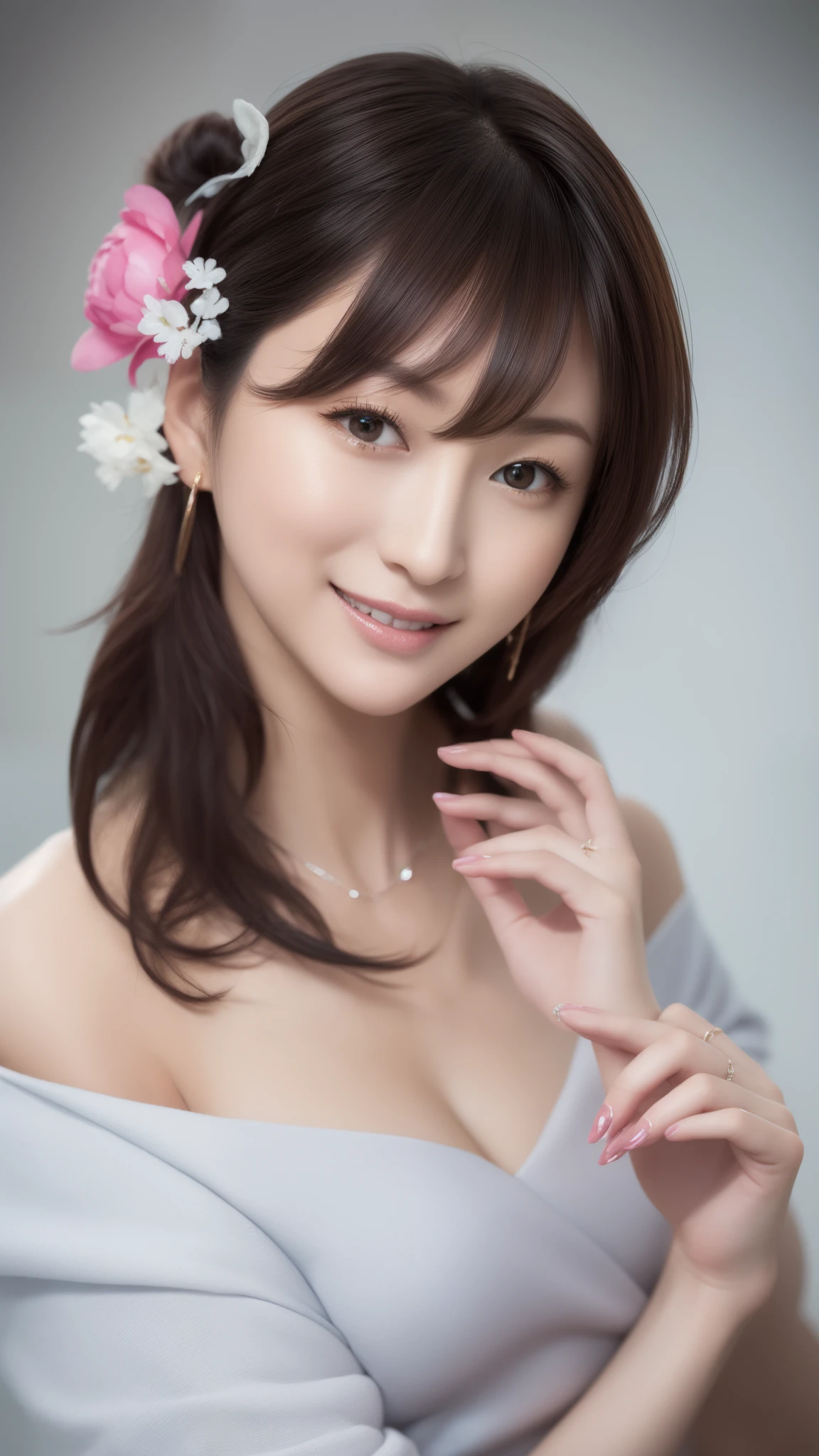 (top-quality, ​masterpiece, hight resolution), beautiful female model。sexy  pose、pure white off shoulder。Shoulder out、kindly smile、A dark-haired、Japan's beautiful sister、、Short snapping bangs、Bun hair、One bun、Place the bun in a high position。Yukata with pink floral pattern on white background、Gray background 、、pureerosface_v1、