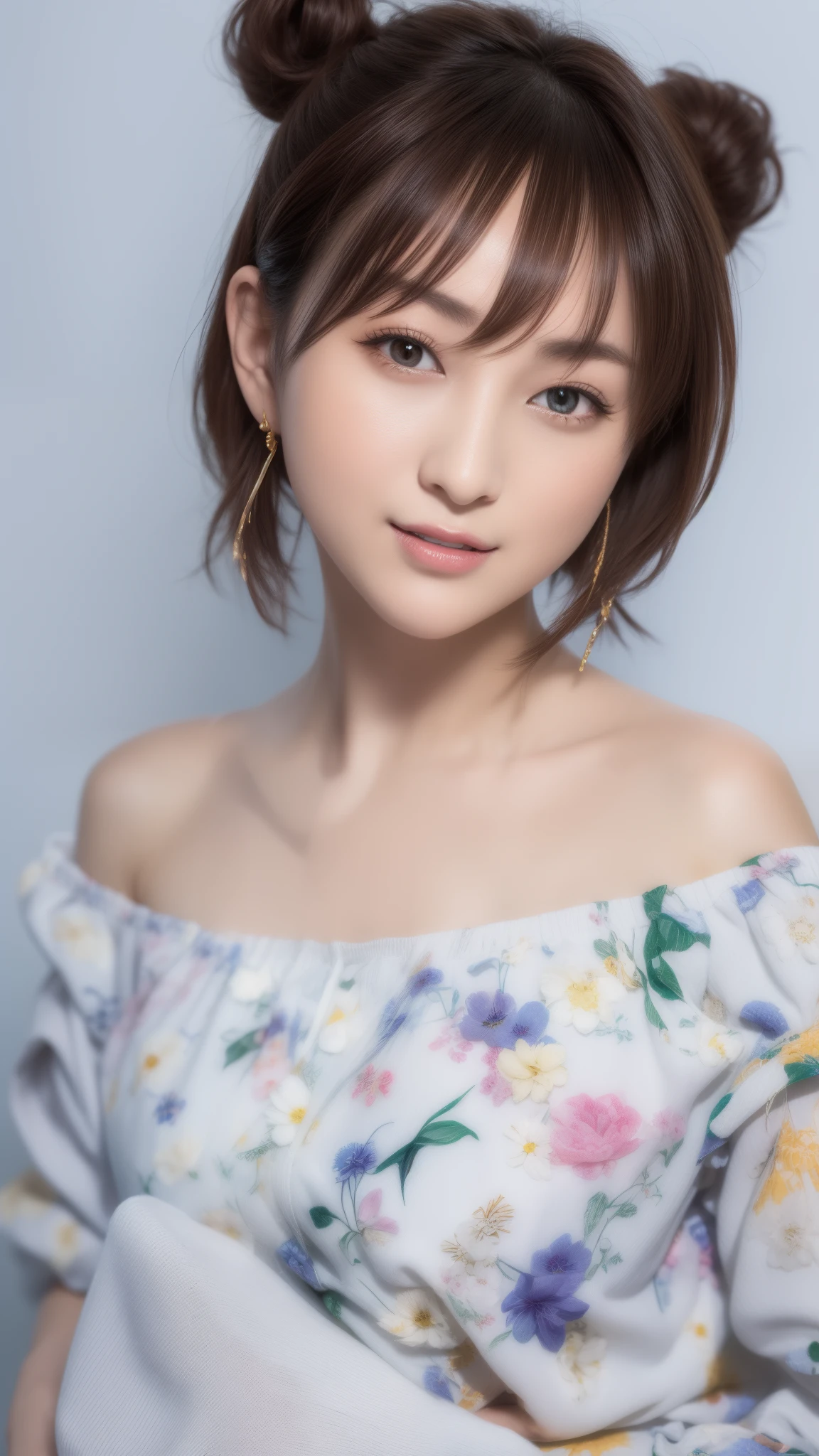 (top-quality, ​masterpiece, hight resolution), beautiful female model。sexy  pose、pure white off shoulder。Shoulder out、kindly smile、A dark-haired、Japan's beautiful sister、、Short snapping bangs、Bun hair、One bun、Place the bun in a high position。Yukata with pink floral pattern on white background、Gray background 、、pureerosface_v1、