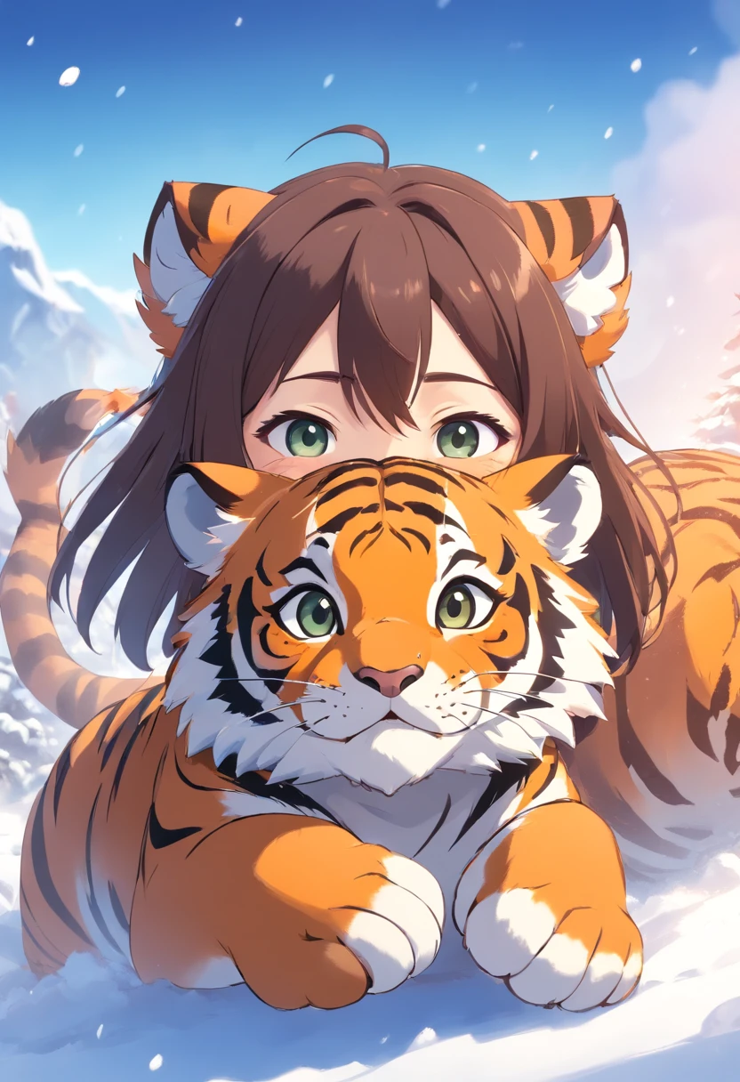 Cute little tiger，Fluffy，chubby，Round rolling，fatness，Vivid expressions，Play in the snow，Bite your own tail，Vivid expressions，Natural soft light，Soft focus filter，ultraclear，hyper-detailing，8K，photore，3 Rendering，bulging face，Round body