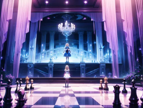 1 dwaft girl hybrid,  chess background , girl smaller than chess, Alice In Wonderland ,standing on Chessboard , concept art, fan...