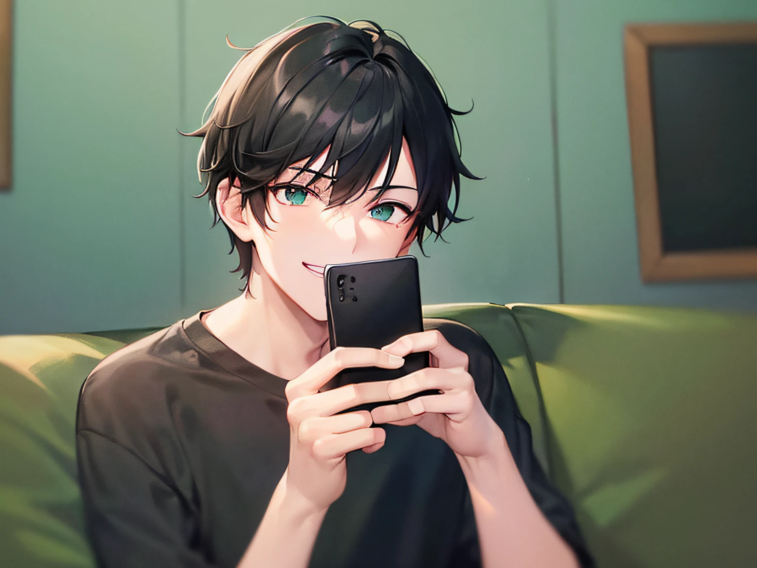 ​masterpiece、hightquality、25-year-old man with short black hair and green eyes、wearing black tshirt、Holding a smartphone in your hand、(Alone:1.5)、(Smiling expression:1.1)、(Close-up of your face:1.3)、(Only the upper body is shown.:1.3)、The background is the living room、Sitting on the couch、Bold composition、