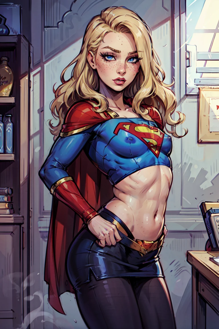 NSFW, 1 garota, mudar, Supergirl, cílios coloridos, olhos detalhados, rosto detalhado, super-herói, cabelo loiro, cabelo longo, [cabelo ondulado, olhos azuis, sombra, sardas, Peito plano, saia lápis, top cropped azul, cabo pequeno, ,