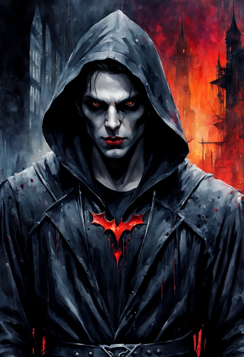 close-up of a hooded vampire on a picturesque dystopian background, intricate and elegant, centered digital painting with high detail,  watercolor, black background,
Style by Gabriele Dell'otto, AI Midjourney, bright saturated colors, watercolor, oil paints,   HDR, 500px, 4k,